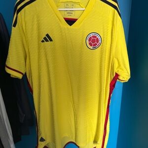 2022 Adidas Colombia Yellow Soccer Jersey with Red and Blue Accents